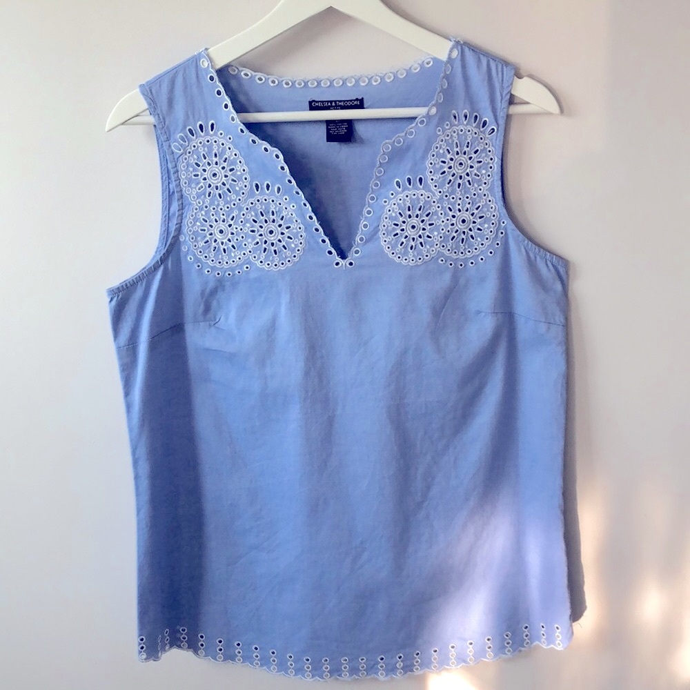 Blue Embroidered Sleeveless Tank Top 100% Cotton